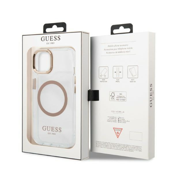 Guess MagSafe dėklas iPhone 13 – skaidrus, auksinės detalės