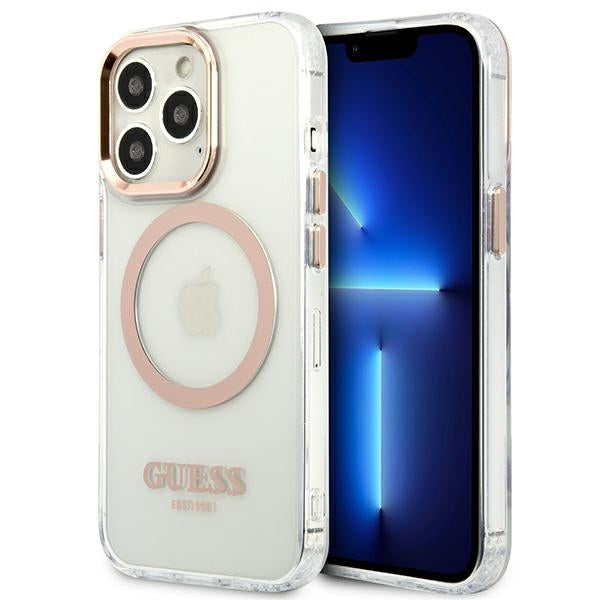 Guess MagSafe dėklas iPhone 13 Pro Max – skaidrus, auksinis rėmelis