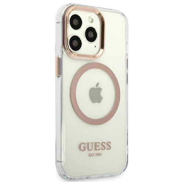 Guess MagSafe dėklas iPhone 13 Pro Max – skaidrus, auksinis rėmelis