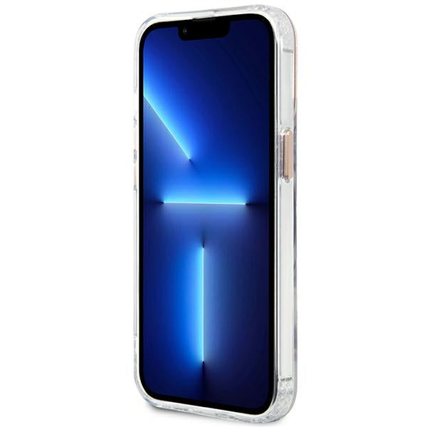 Guess MagSafe dėklas iPhone 13 Pro Max – skaidrus, auksinis rėmelis