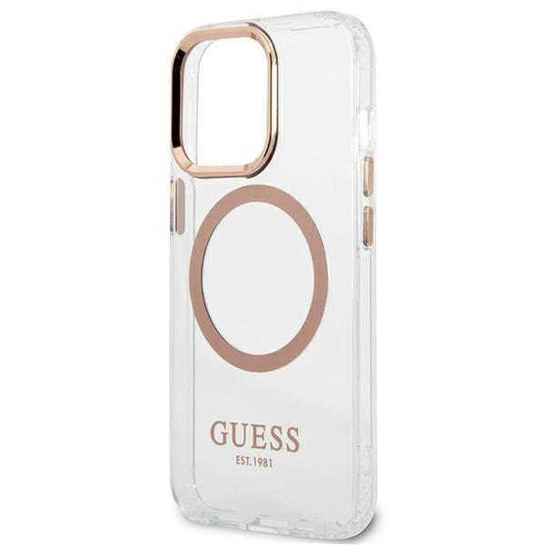 Guess MagSafe dėklas iPhone 13 Pro Max – skaidrus, auksinis rėmelis