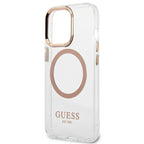 Guess MagSafe dėklas iPhone 13 Pro Max – skaidrus, auksinis rėmelis