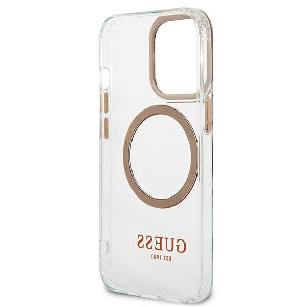Guess MagSafe dėklas iPhone 13 Pro Max – skaidrus, auksinis rėmelis