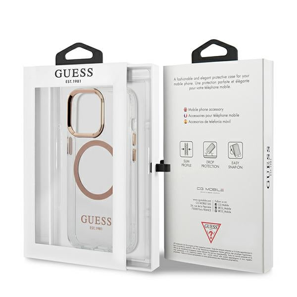 Guess MagSafe dėklas iPhone 13 Pro Max – skaidrus, auksinis rėmelis