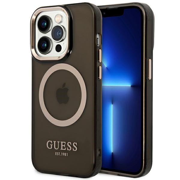 Guess MagSafe dėklas iPhone 14 Pro – juodas/auksinis