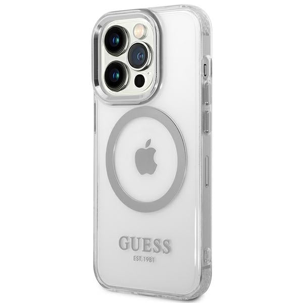 Guess MagSafe dėklas iPhone 14 Pro – skaidrus/sidabrinis