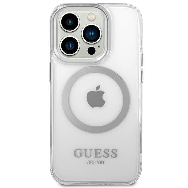 Guess MagSafe dėklas iPhone 14 Pro – skaidrus/sidabrinis