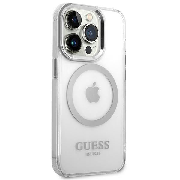 Guess MagSafe dėklas iPhone 14 Pro – skaidrus/sidabrinis