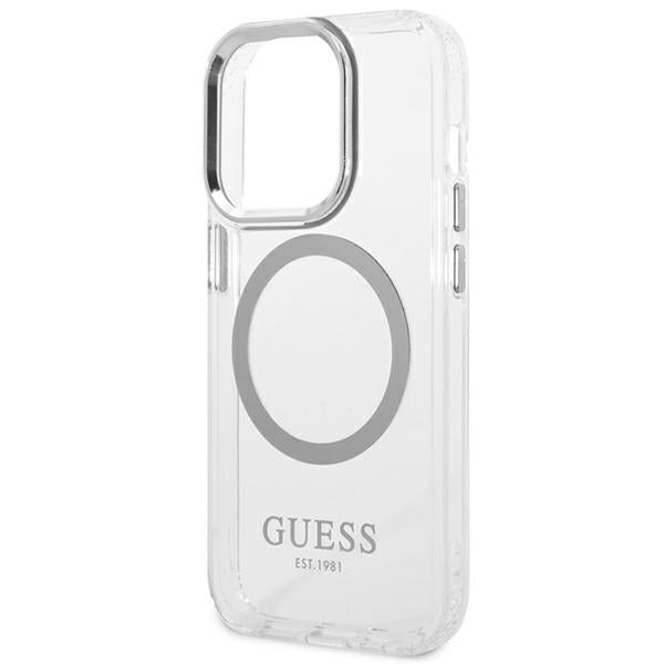 Guess MagSafe dėklas iPhone 14 Pro – skaidrus/sidabrinis