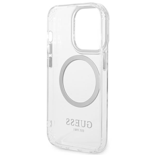 Guess MagSafe dėklas iPhone 14 Pro – skaidrus/sidabrinis