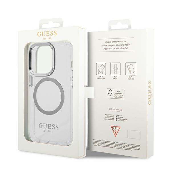 Guess MagSafe dėklas iPhone 14 Pro – skaidrus/sidabrinis