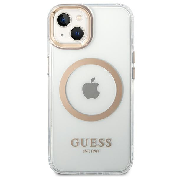 Guess MagSafe dėklas iPhone 14 Plus – skaidrus/auksinis