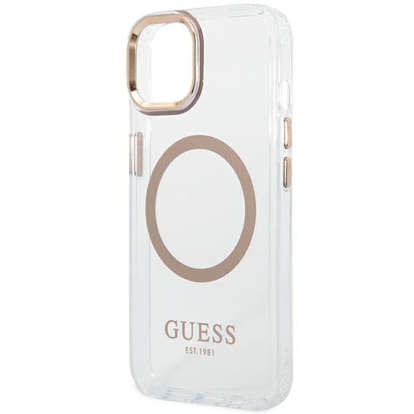 Guess MagSafe dėklas iPhone 14 Plus – skaidrus/auksinis
