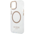 Guess MagSafe dėklas iPhone 14 Plus – skaidrus/auksinis