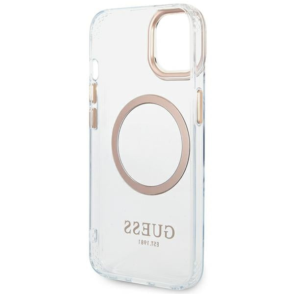 Guess MagSafe dėklas iPhone 14 Plus – skaidrus/auksinis
