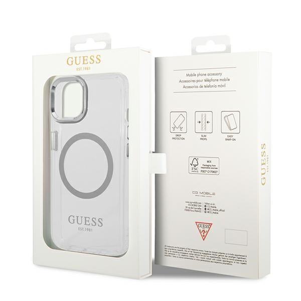 Guess MagSafe dėklas iPhone 14 Plus – skaidrus/sidabrinis