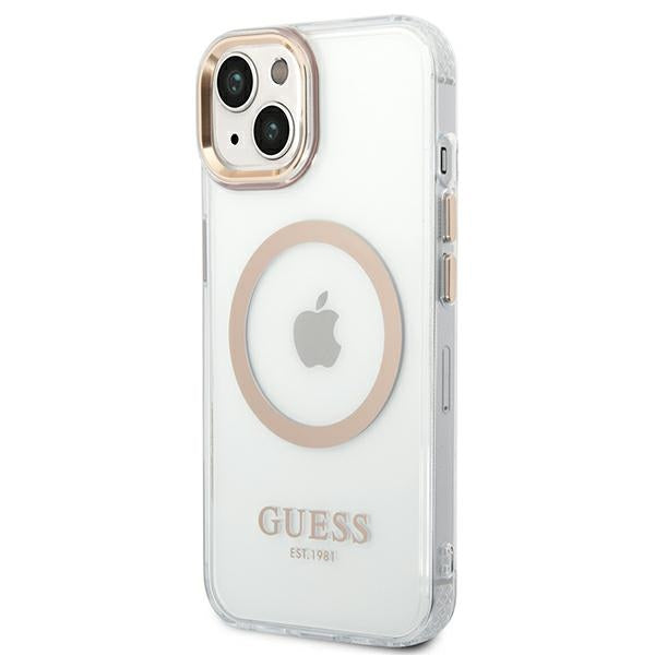 Guess MagSafe dėklas iPhone 14 – skaidrus/auksinis