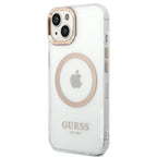 Guess MagSafe dėklas iPhone 14 – skaidrus/auksinis