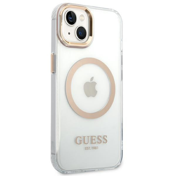 Guess MagSafe dėklas iPhone 14 – skaidrus/auksinis