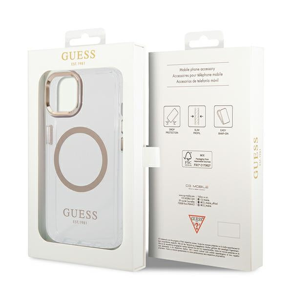 Guess MagSafe dėklas iPhone 14 – skaidrus/auksinis
