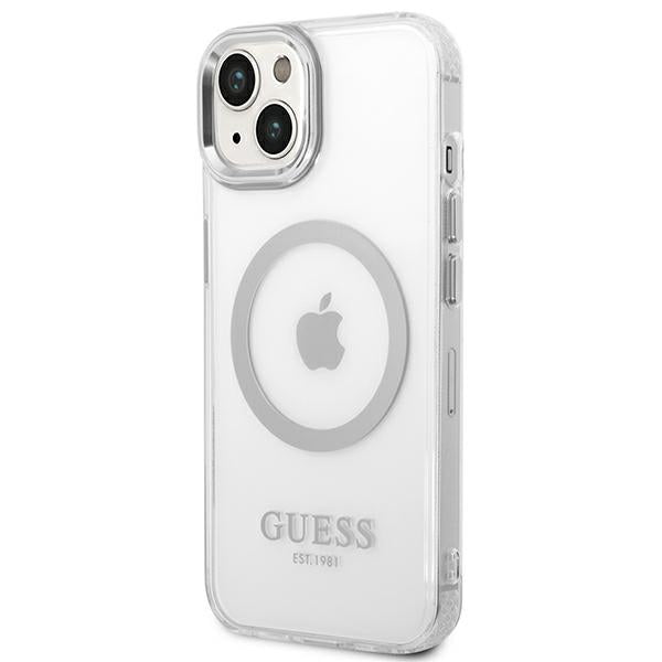 Guess MagSafe dėklas iPhone 14 – skaidrus/sidabrinis