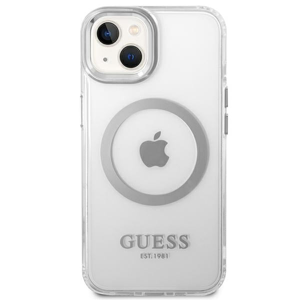 Guess MagSafe dėklas iPhone 14 – skaidrus/sidabrinis