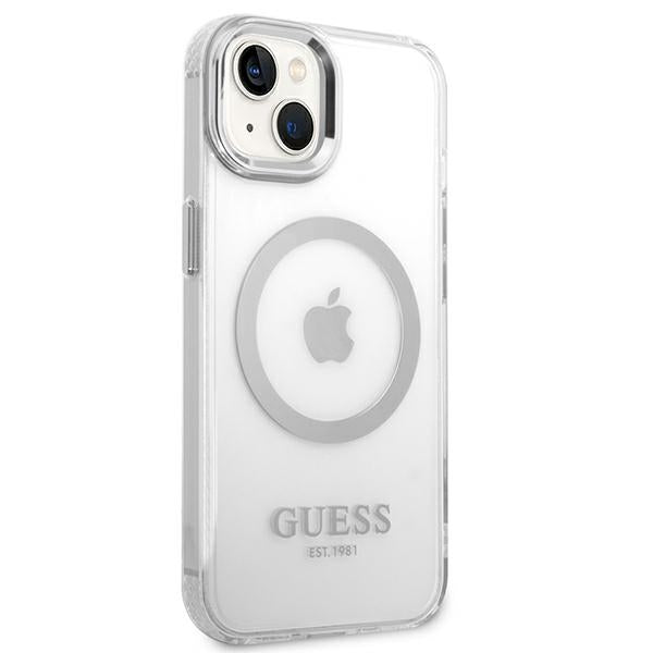 Guess MagSafe dėklas iPhone 14 – skaidrus/sidabrinis