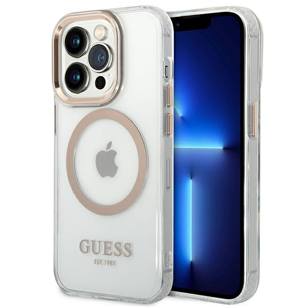 Guess Metal Outline MagSafe dėklas iPhone 14 Pro Max – skaidrus, auksinis
