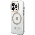 Guess Metal Outline MagSafe dėklas iPhone 14 Pro Max – skaidrus, auksinis
