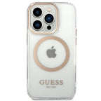 Guess Metal Outline MagSafe dėklas iPhone 14 Pro Max – skaidrus, auksinis