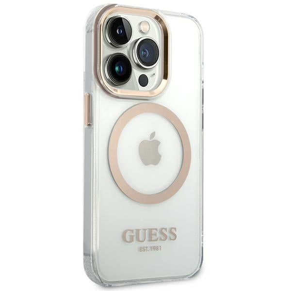 Guess Metal Outline MagSafe dėklas iPhone 14 Pro Max – skaidrus, auksinis