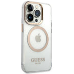 Guess Metal Outline MagSafe dėklas iPhone 14 Pro Max – skaidrus, auksinis