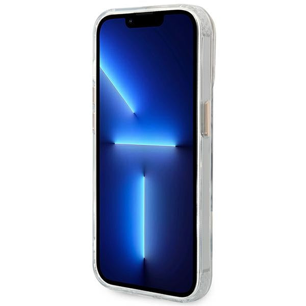 Guess Metal Outline MagSafe dėklas iPhone 14 Pro Max – skaidrus, auksinis