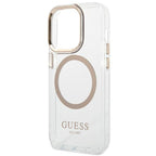 Guess Metal Outline MagSafe dėklas iPhone 14 Pro Max – skaidrus, auksinis