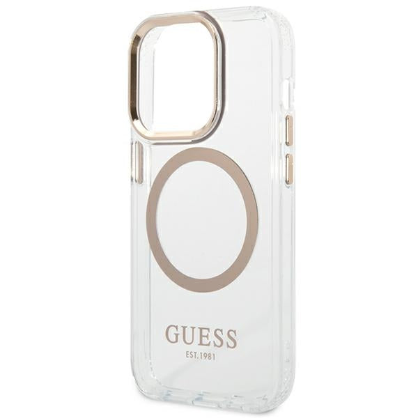 Guess Metal Outline MagSafe dėklas iPhone 14 Pro Max – skaidrus, auksinis
