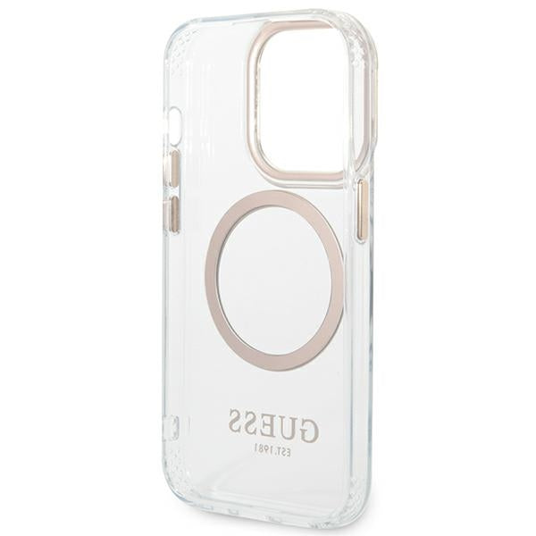 Guess Metal Outline MagSafe dėklas iPhone 14 Pro Max – skaidrus, auksinis