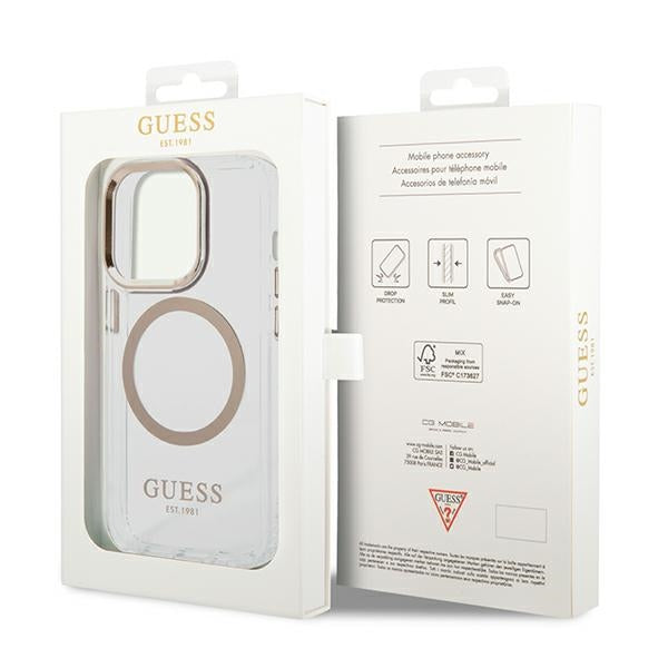 Guess Metal Outline MagSafe dėklas iPhone 14 Pro Max – skaidrus, auksinis