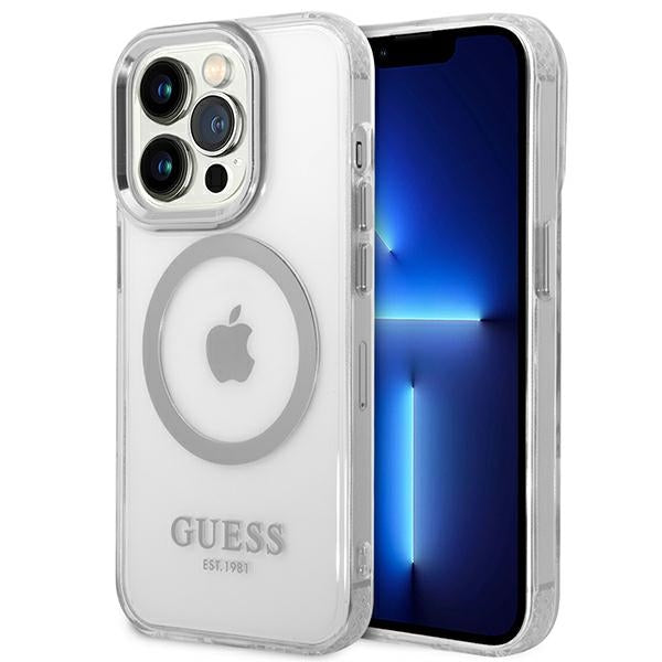 Guess Metal Outline MagSafe dėklas iPhone 14 Pro Max – skaidrus/sidabrinis