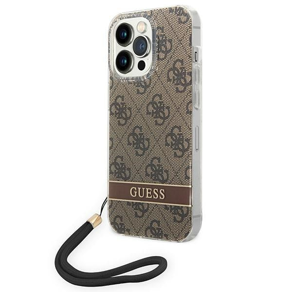 Guess 4G dėklas iPhone 14 Pro – rudas su dirželiu