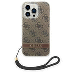 Guess 4G dėklas iPhone 14 Pro – rudas su dirželiu