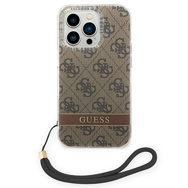 Guess 4G dėklas iPhone 14 Pro – rudas su dirželiu