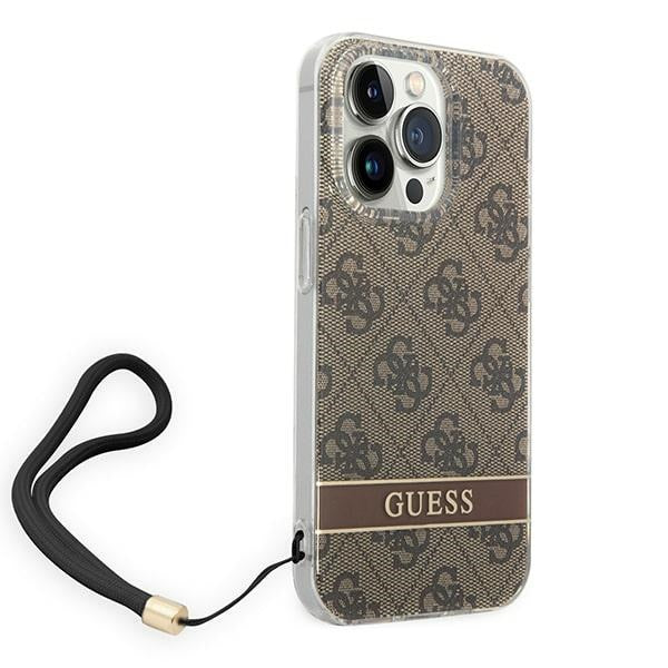 Guess 4G dėklas iPhone 14 Pro – rudas su dirželiu