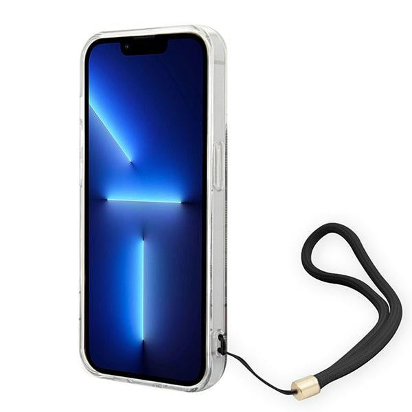 Guess 4G dėklas iPhone 14 Pro – rudas su dirželiu