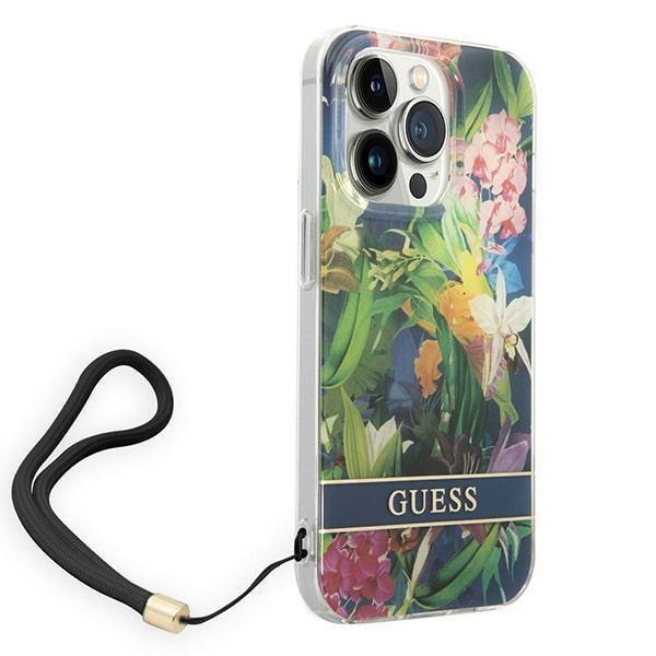 Guess dėklas iPhone 14 Pro – mėlynas, Flower Strap