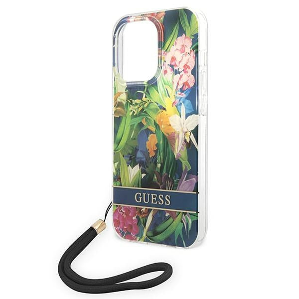 Guess dėklas iPhone 14 Pro – mėlynas, Flower Strap