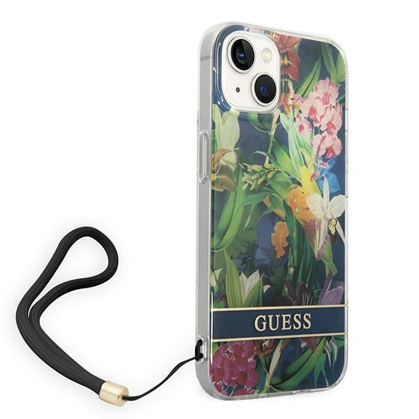 Guess Flower Strap dėklas iPhone 14 Plus – mėlynas