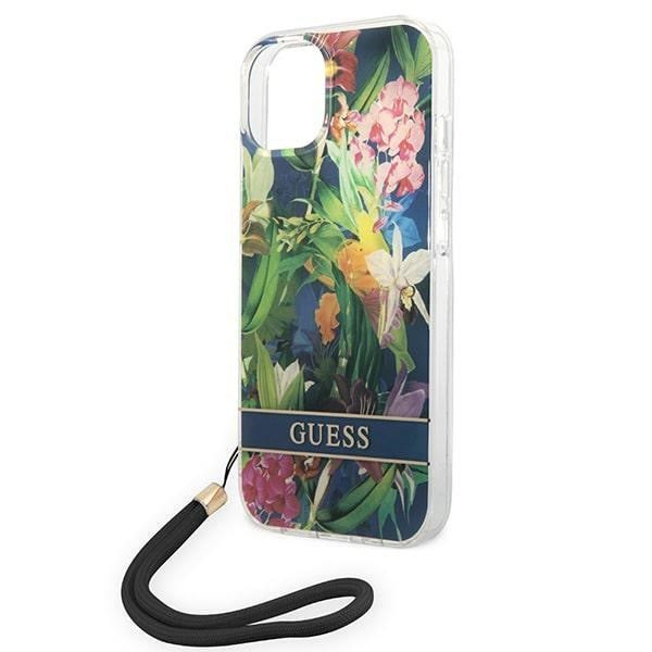 Guess Flower Strap dėklas iPhone 14 Plus – mėlynas