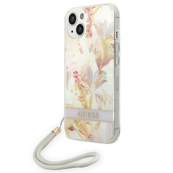 Guess iPhone 14 Plus dėklas su dirželiu – violetinis