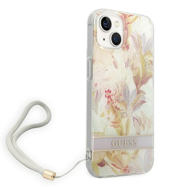 Guess iPhone 14 Plus dėklas su dirželiu – violetinis