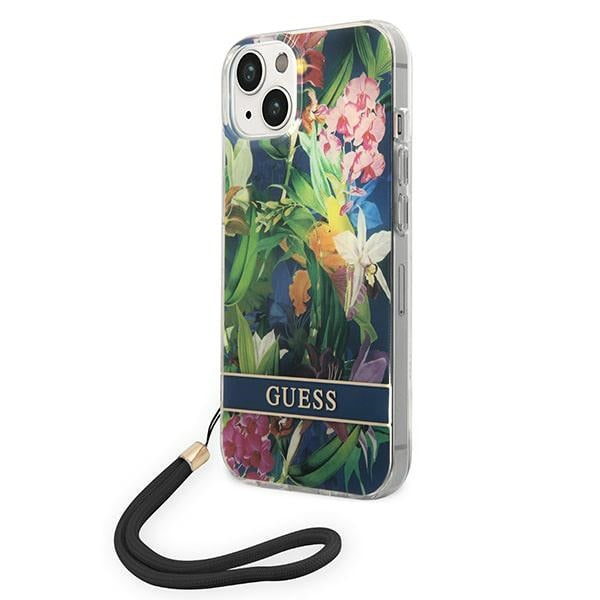 Guess Flower Strap dėklas iPhone 14 – mėlynas